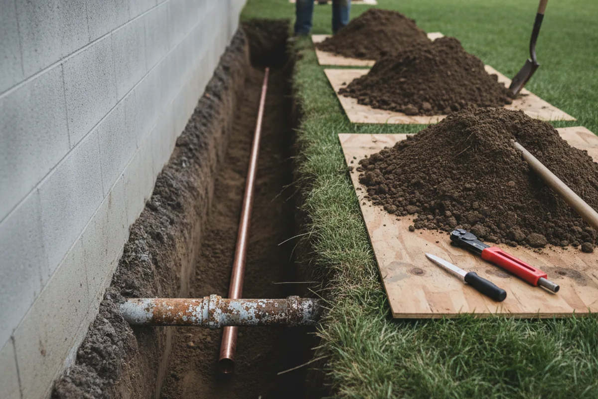 Excavated water line trench during Water Softener Installation in Russell